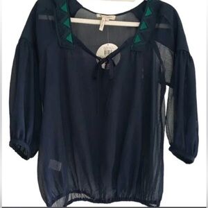 BCBG Contrast Stitch Blouson Sheer Boho Peasant Top, SizeXS Navy Blue/Green